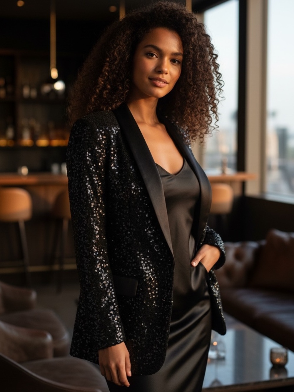 Express Sequin Satin-Trim Black Women's Blazer Coat Like New